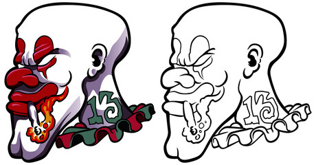 Bad clown with a tattoo on his neck number 13, with a burning cigar in his mouth. Face with a red make-up of horror and a bald skull. Vector illustration