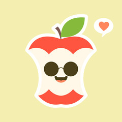 Red bitten apple with a funny face with a small leaf. Drawn in a cute style and isolated on white. Can represent healthy eating, dentistry, children lunches, vitamins, veganism and agriculture.