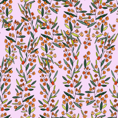 seamless pattern of branches with narrow long leaves and orange flowers on a rose background. graphic drawing.