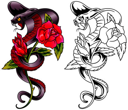 Colorful tattoo design with red roses and buds and a cobra snake. Vector illustration