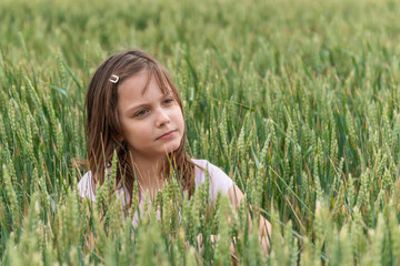 Cute girl farmer in wheat field. Portrait of a girl in a wheat field.