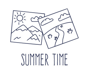 Hand drawn Vector illustration of a gallery picture and text summer time. Cartoon Doodle photography with landscape mountain and field. Isolated on white background.