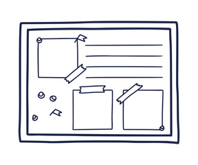 Hand drawn doodle illustration of pin board, needles, and empty note papers