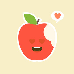 bitten Apple character with funny face. Happy cute cartoon apple emoji. Healthy vegetarian food character vector illustration