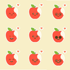 Funny apples. Emotional vector characters. Red bitten apple with a funny face with a small leaf. Drawn in a cute style and isolated on white. Can represent healthy eating, dentistry, children lunches,