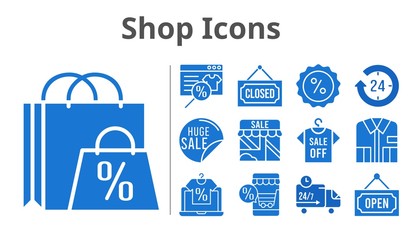 shop icons set. included online shop, shopping bag, 24-hours, sale, shop, shirt, closed, discount, delivery truck, open icons. filled styles.