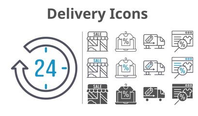 delivery icons icon set included online shop, 24-hours, shop, delivery truck icons