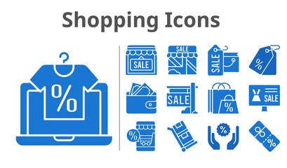 shopping icons set. included online shop, shopping bag, sale, shop, wallet, price tag, discount, trolley icons. filled styles.