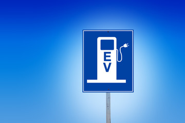 EV charging station sign in blue and white for electric vehicles