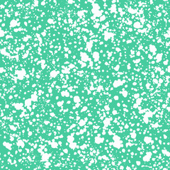 Hand drawn paint splatter texture, vector seamless pattern. White spots on a turquoise background. Vector illustration. White blot pattern