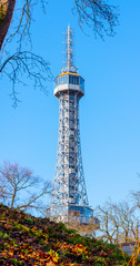 Petrin Tower. Detailed view on sunny day with blue sky background. Prague, Czech Republic