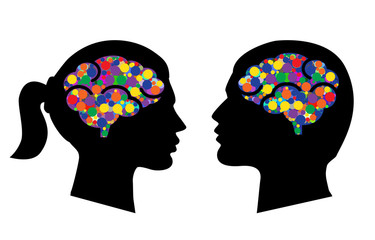 Man and woman head icons with abstract brains vector illustration