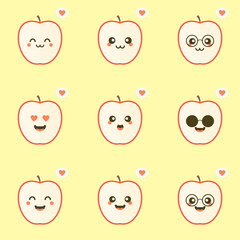 Cute half apple cartoon character. Vector concept illustration in a flat style for a healthy eating and lifestyle. cute and Kawaii emoticon vector illustration