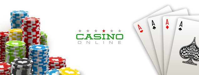 illustration Online web casino banner with american Poker playing cards isolated on white background. Marketing Luxury white Banner Poker playing card. Advertising poster set Online web Casino Jackpot