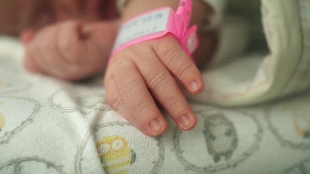 infant newborn hand arm wrist pink girl band hospital  identification wristband