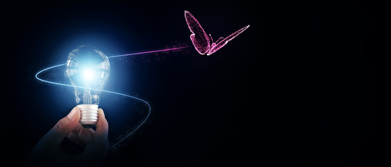 Abstract illustration 3D background hand holding light bulb with butterfly flying freedom concept of think inspiration creative idea motivation for future technology business transform innovation 