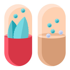 Nutrition capsule sticker set on white isolated backdrop. Health supplement pills for social banner, medical poster, web template. Chemist shop logo or info card. Flat style stock vector illustration