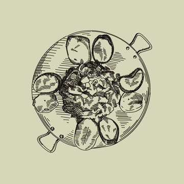 Hand-drawn vintage sketch of Azerbaijani national meal known as sadj. On an iron pan, potatoes, eggplants with fried meat and vegetables in the middle are served.	