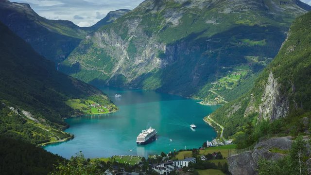 Timelapse of Geiranger fjord in Norway. Beautiful natural landscape.