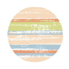 Abstract circle vector geometric shape with stripes texture of paint horizontal lines. Old paint texture disk. Stamp round shape circle logo element with grunge stripes background.