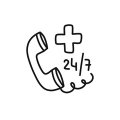 ambulance help 24 7 doodle icon, vector color illustration