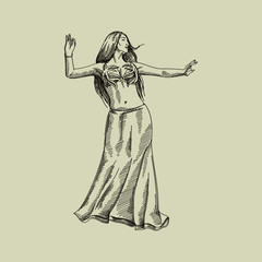 Hand-drawn sketch of the woman dancing oriental style. Belly dancing	
