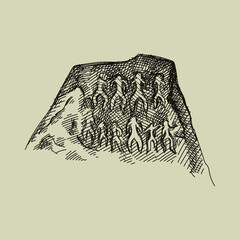 Hand-drawn sketch of Qobustan Rock Art Cultural Landscape. National Azerbaijan symbol. Gobustan -historical place with rock paintings and mud volcanoes, included in the list UNESCO’s culturalheritage.