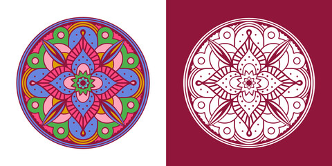 Traditional indian mandala coloring outline set