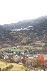 View of the little town of Encamp while snowing