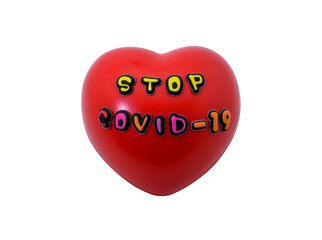 Red heart with the words stop Covid-19 isolated on a white background.