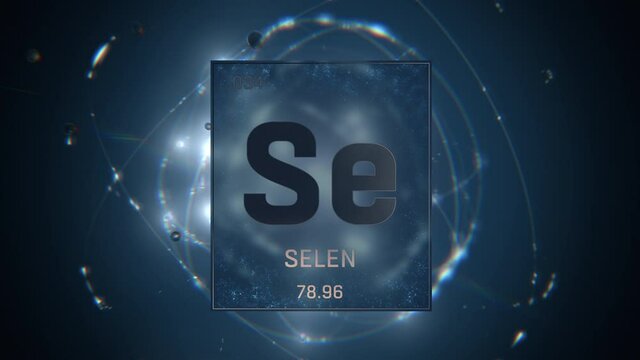 Selenium as Element 34 of the Periodic Table. Seamlessly looping 3D animation on blue illuminated atom design background orbiting electrons name, atomic weight element number in German language