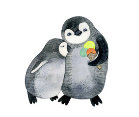 Cute watercolor penguins with ice-cream. Hand drawn watercolor isolated on white. Hugs. Prefect for  kids clothes, nursery decoration. Cute hand drawn animals isolated on white.