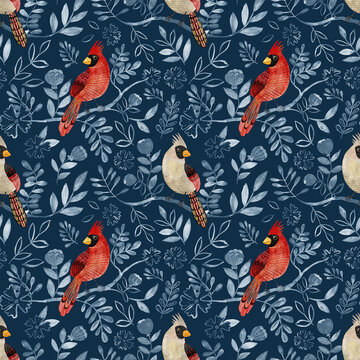 Seamless pattern with red cardinal and branches.  Holiday watercolor illustration. Repeated pattern background with birds and flora elements. Great for textile fabric, greeting cards, invitations.