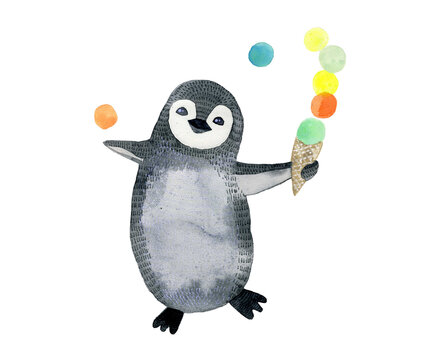 Cute watercolor penguin with ice-cream. Hand drawn watercolor isolated on white.  Prefect for  kids clothes, nursery decoration. Cute hand drawn animals isolated on white.