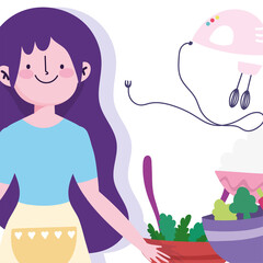 people cooking, girl with vegetables in bowl and electric mixer