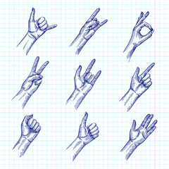Fototapeta premium Hand-drawn sketch set of Hand Signs And Gestures. Rock N’ Roll, Call Me, Ok Hand Sign, Peace Hand Sign, Love-You Gesture, Finger Gun Sign, Live Long And Prosper, Thumbs Up/Like , Left-Facing Fist 