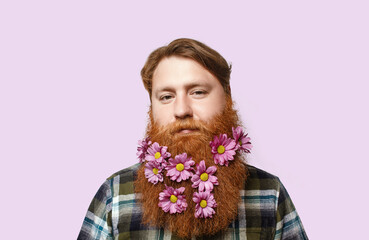 A happy man with a beautiful red beard decorated with flowers on the violent background.  Holiday card. Congratulation holiday card. Holiday banner. 