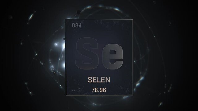 Selenium as Element 34 of the Periodic Table. Seamlessly looping 3D animation on silver illuminated atom design background orbiting electrons name, atomic weight element number in German language