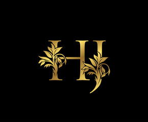 Classy Gold letter H, J and HJ  Vintage decorative ornament letter stamp, wedding logo, classy letter logo icon.