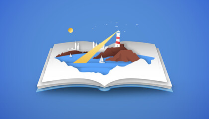 Open book of 3d papercut beach sea coast