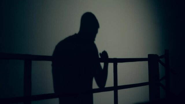 A shadow of a boxer on a gym wall.