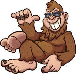 Cool cartoon bigfoot resting and wearing sunglasses. Vector cartoon clip art illustration with simple gradients. All on a single layer.
