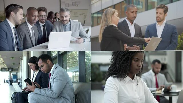 Successful businesspeople working on project single and in group, using laptops, talking. Closeup, multiscreen montage, collage portraits. Communication and teamwork concept