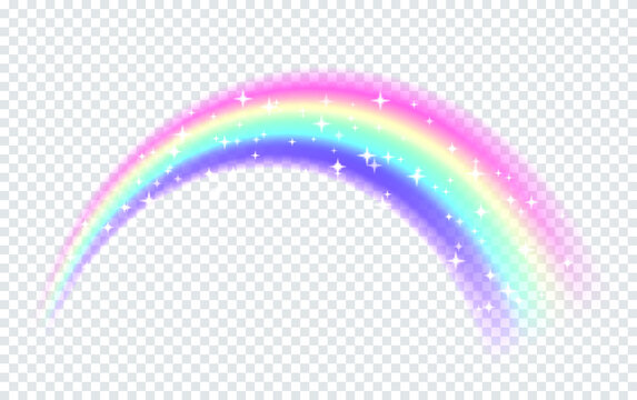 Rainbow with sparkles isolated on transparent background. Vector realistic illustration of arch in spectum colors. 
