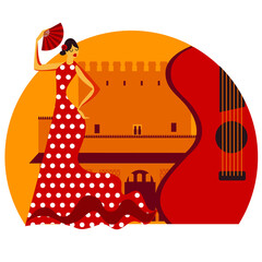 Andalusian vector decorative emblem with woman dancing flamenco. mediterranian stylized illustration with Alhambra, woman dancing falmenco and guitar, spanish vector symbols