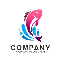 fish with water splash logo design template,fishing vector logo