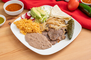 Mexican carne asada plate. Grilled steak, sauteed onions, refried beans, spanish rice, avocado, and tortillas. A staple in Mexican restaurants. 