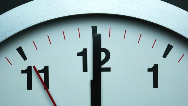 Closeup Gray wall watch, face beginning of time 12.oo am or pm, Clock minute walk slowly, Time concept.
