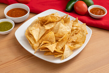 Fresh made tortilla chips served in an authentic Mexican restaurant. A crispy and salty appetizer before a full meal 