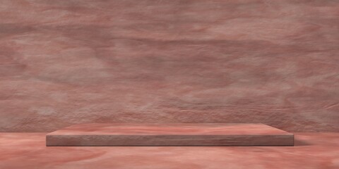 Espositore vuoto in pietra rosa su fondo in pietra rosa e bordi con vetro, podio o piedistallo per esposizione prodotti, base con sfondo vuoto, Rendering 3D, visione frontale
